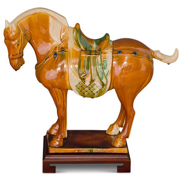 Tang Dynasty Tri-Color Glazed Ceramic Chinese Bay Horse Statue