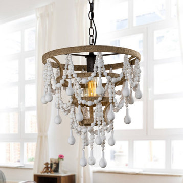 Farmhouse 1-Light Wood Beaded Chandelier Candle Style