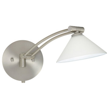 Kona 1ww 1 Light Swing Arm or Wall Lamp, Satin Nickel, White Glass