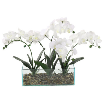 Real Touch White Orchids & rocks in Rectangle Glass Container