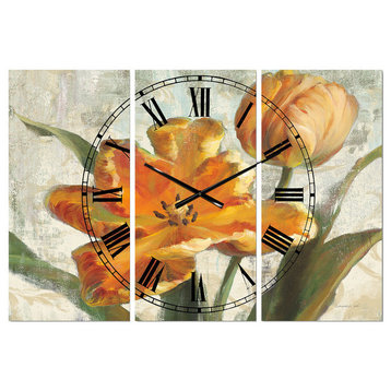 Parrot Tulips I On Ivory Farmhouse 3 Panels Metal Clock