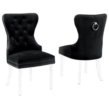 Tufted Black Velvet Side Chairs with Clear Acrylic Legs (Set of 2)
