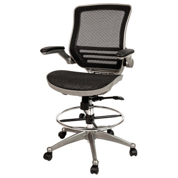 Mid-Back Transparent Black Mesh Drafting Chair -Silver Frame and Flip-Up Arms