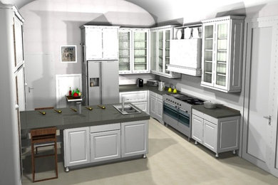 Modelo de cocina mediterránea con armarios estilo shaker, puertas de armario blancas, encimera de acrílico, electrodomésticos de acero inoxidable y península