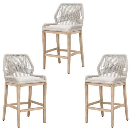 Home Square 3 Piece 30" Upholstered Bar Stool Set in Taupe and White Rope