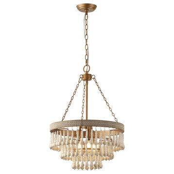 17.7 in. W Farmhouse Wood Beads Chandelier With Adjustable Height Chain