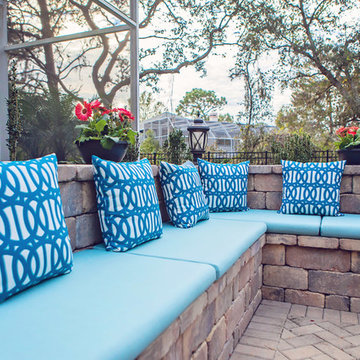 Sunbrella RAIN fire pit cushions and pillows add color pops to patio