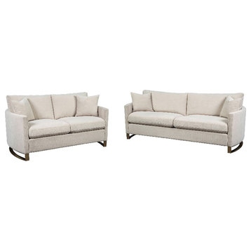 Bowery Hill 2Pc Contemporary Upholstered Arched Arms Chenille Sofa Set in Beige