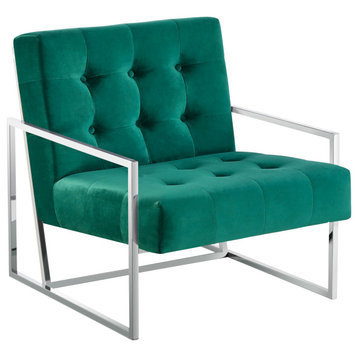 Beethoven Blue Velvet With Gold Plated Accent Chair, Green/Silver