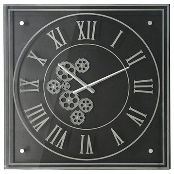 Vintage Style Gears Black and Silver Square Wall Clock