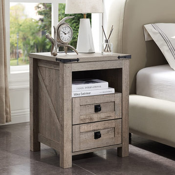 Farmhouse Design End Table with 2 Drawers Storage Cabinet for Living Room, Light Rustic Oak