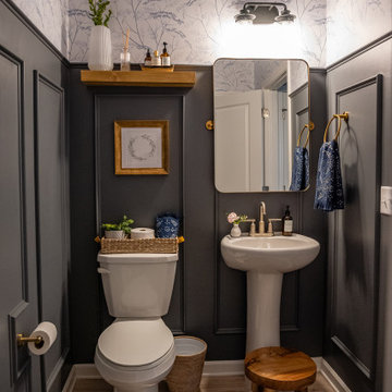 Moody bathroom interior featuring Denim Blue Wildflower wallpaper design