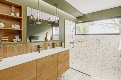Inspiration pour une salle d'eau blanche et bois design en bois clair avec un placard à porte affleurante, une douche à l'italienne, un mur vert, un sol en terrazzo, un plan vasque, un sol blanc, un plan de toilette blanc, une niche, meuble double vasque et meuble-lavabo suspendu.