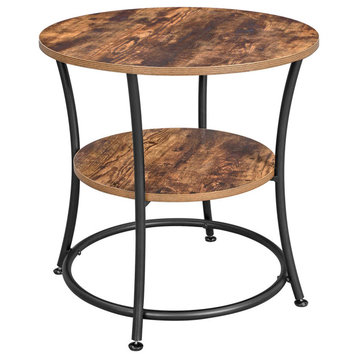 Round End Table with 2 Shelves for Living Room, Rustic Brown and Black