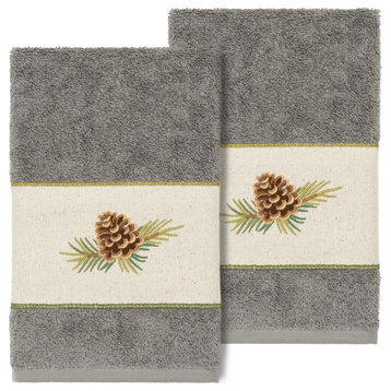 Linum Home Turkish Cotton Pierre 2-Piece Embellished Hand Towel Set, Dark Gray