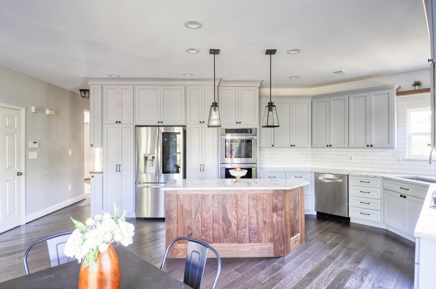 Storm Af 700 Gray Painted Cabinets With Warm Natural Walnut