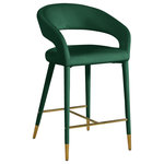 Meridian Furniture - Destiny Counter Stool, Green, Velvet - Settle in for a meal with friends seated in this Destiny velvet stool. Soft green velvet upholstery makes this stool a sleek and inviting option for pairing with your favorite counter table. The rounded back adds comfort to mealtime and lends the stool a chic, eye-grabbing touch, while tapered legs topped with gold tips give the stool an elegant finish.