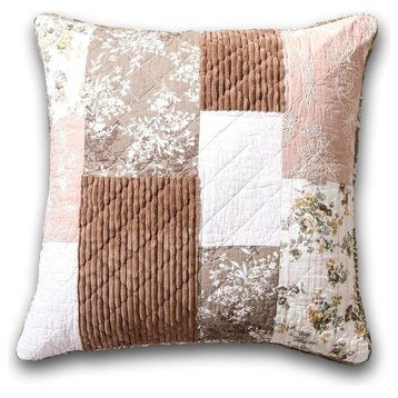 Patchwork Dusty Rose Pink & Brown Floral Euro Pillow Sham Cover 26" x 26"