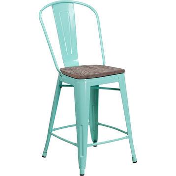 24" High Mint Green Metal Counter Height Stool With Back and Wood Seat