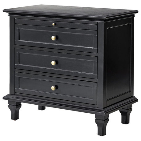 3-Drawer Nightstand With  Built-In Outlets, Black