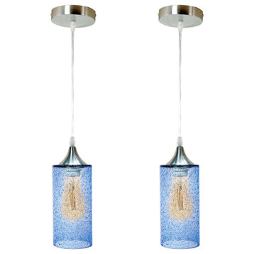 Cylinder Hand Blown Seeded Glass Pendant Brushed Nickel Finish, Blue, Pack of 2