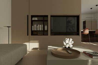 Ejemplo de salón actual grande con paredes beige, suelo de cemento, televisor retractable y suelo beige