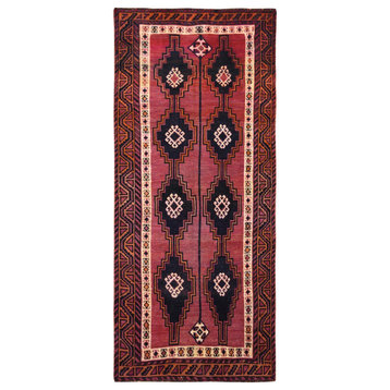 Handknotted Red Persian Qashqai Worn Down Vintage Bohemian Wool Rug 4'9" x 10'5"