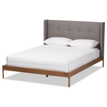 Brooklyn Midcentury Modern Walnut Wood/Fabric Platform Bed, Gray, King