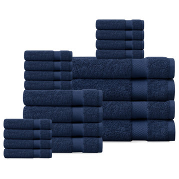 Delara 20-Piece Solid 100% Organic Cotton Plush Bath Towel Set 30"x58", Navy Blue