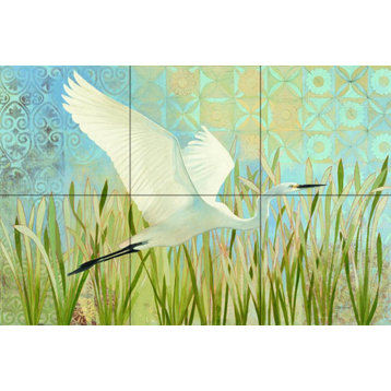 Tile Mural Kitchen Backsplash Snowy Egret, Flight V2 by Kathrine Lovell