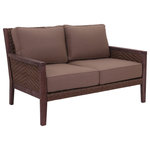 Courtyard Casual - Courtyard Casual Buena Vista II 4 pc Loveseat Group - Vacation at home and feel like you are at a resort with the Buena Vista II collection. Made of high grade FSC certified Eucalyptus wood and designed to be both comfortable and practical. This collection is made very comfortable with the Sunbrella brand fabric filled with densified foam and Dacron vertical fiber for the ultimate comfort. With a beautiful stained finish to enhance the wood you get a rustic look and feel. Synthetic barnwood woven resin finishes the framed look and adds additional value. Easy to assemble and 1 Year Limited Manufacturer Warranty