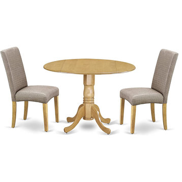 3 Pieces Dining Set, Tabletop With Drop Down Leaves & Padded Chairs, Oak