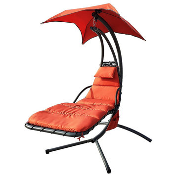 Ergonomic Lounge Swing Chair, Curved Black Metal Frame With Canopy, Orange