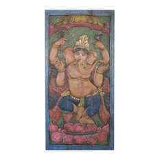 Mogulinterior - Consigned Barn Door Panel Vintage Carved Ganesha Remove obstacle Wall Sculpture - Wall Accents