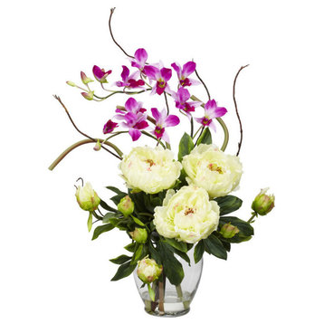 Peony and Orchid Silk Flower Arrangement, White