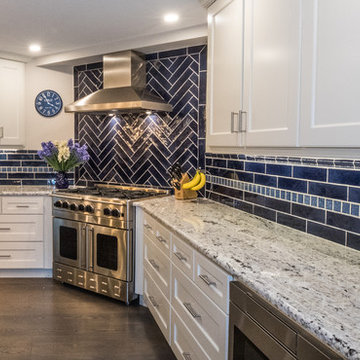 Coastal Navy & White Kitchen Remodel | Quartz Island & Herringbone Tile