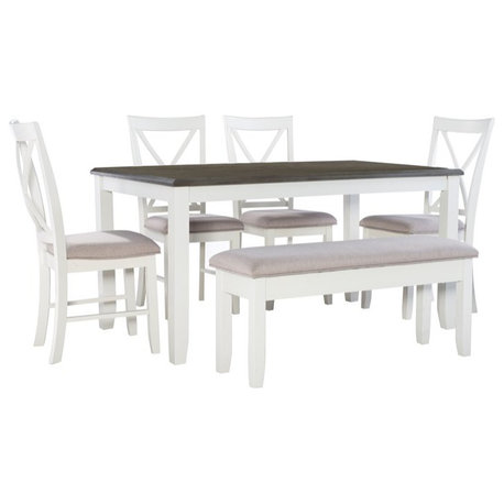 Linon Jane 6 Pce Upholstered Dining Set with Bench in Vanilla White/Gray Wood