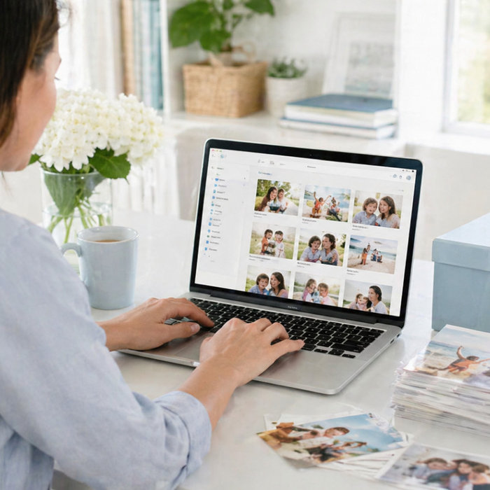 Woman Organizing Digital and Physical Photos