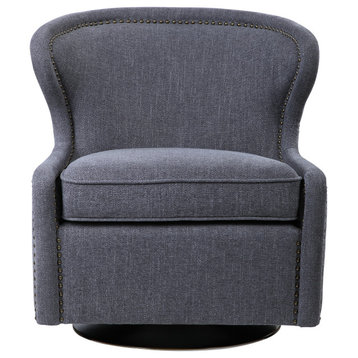 Modern Charcoal Gray Wing Back Accent Chair Swivel Mid Century Plush Herringbone