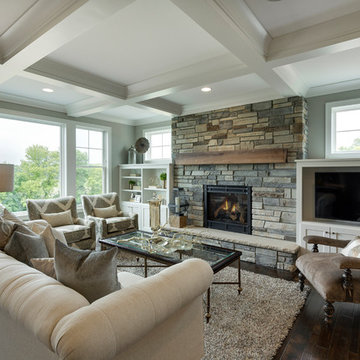 Neutral Palette Living Room With Rustic Stone Fireplace