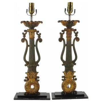 Consigned Antique Iron Column Painted Table Lamp Pair