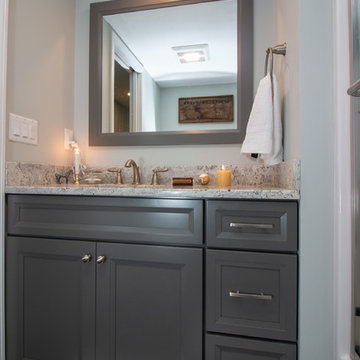 Transitional Graphite paint vanity bath remodel with White Bahamas Granite top