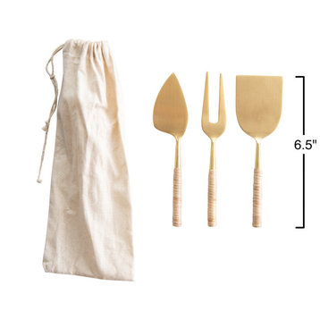 Gold Stainless Steel Cheese Servers With Rattan Handles, 3-Piece Set