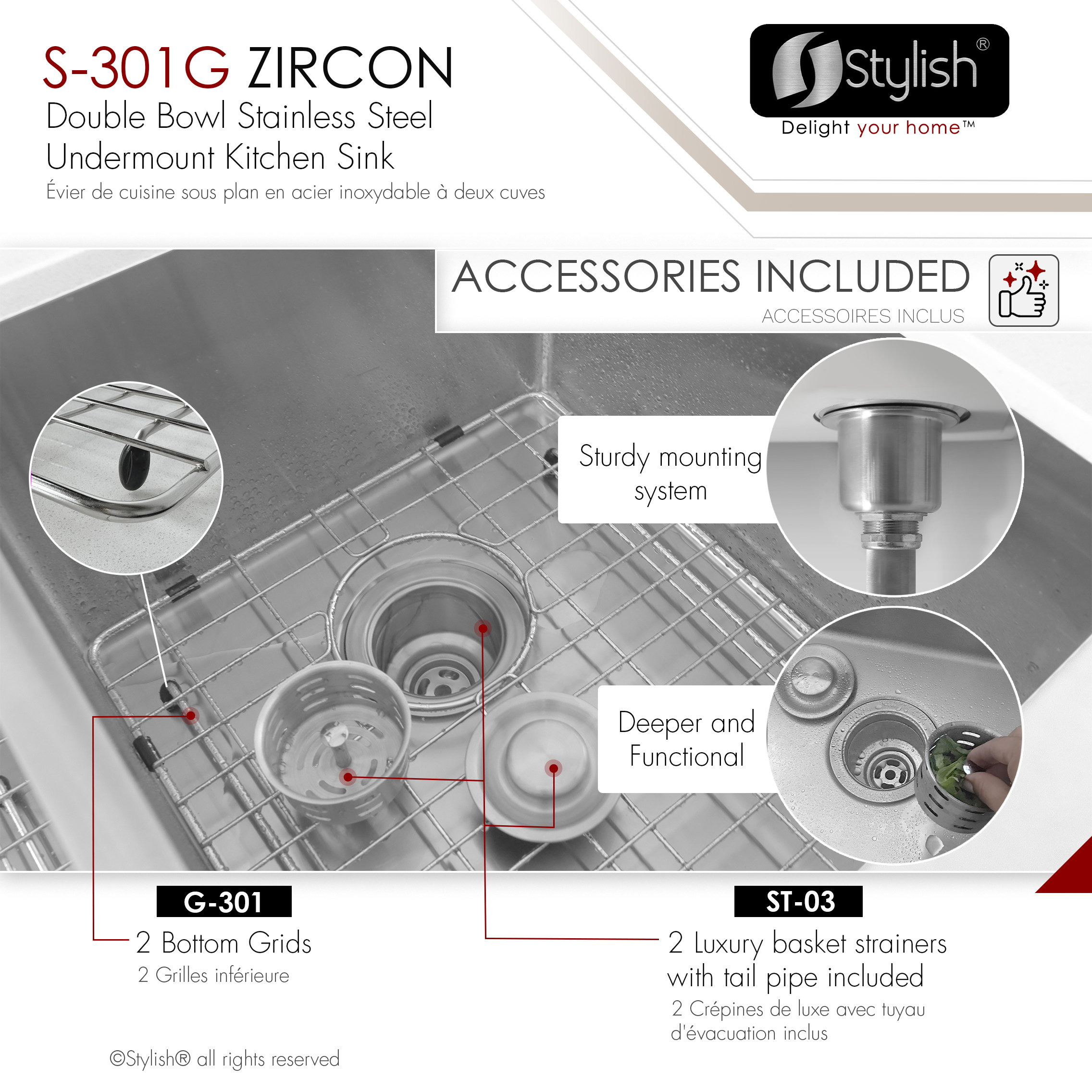 STYLISH 32"L x 18"W Stainless Steel Double Basin Undermount Kitchen Sink