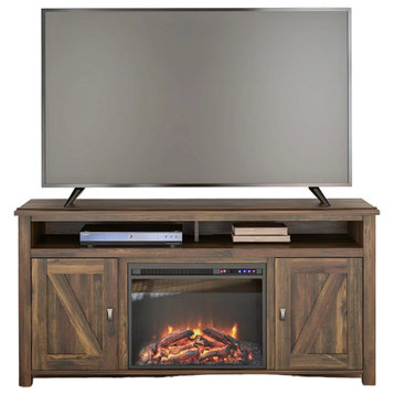 Farmhouse TV Stand, Electric Fireplace & Storage Cabinet With Barn Doors, Rustic