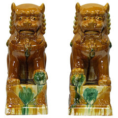 Pair Chinese Yellow Color Glaze Ceramic Fengshui Foo Dog Figures cs2368S Pair Chinese Yellow Color Glaze Ceramic Fengshui Foo Dog Figures cs2368S