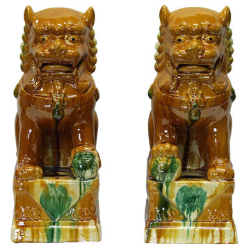 Chinese Yellow Color Glaze Ceramic Fengshui Foo Dog Figures cs2368, 2-Piece Set