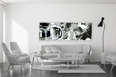 Inspiration for a large modern open concept dark wood floor and brown floor living room remodel in New York with white walls