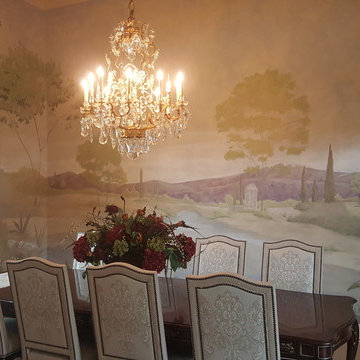 old world scenic mural in dining room