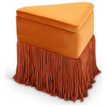 Meridian Furniture - Trivoli Upholstered Ottoman/Stool, Cognac, Velvet - Add a bold touch of luxury to your space with the Trivoli cognac velvet ottoman, a captivating piece that combines opulence with quirky flair. Draped in sumptuous velvet, this triangular stool is all about making a statement. Its dramatic fringe skirt adds both texture and movement, offering a playful yet elegant vibe.